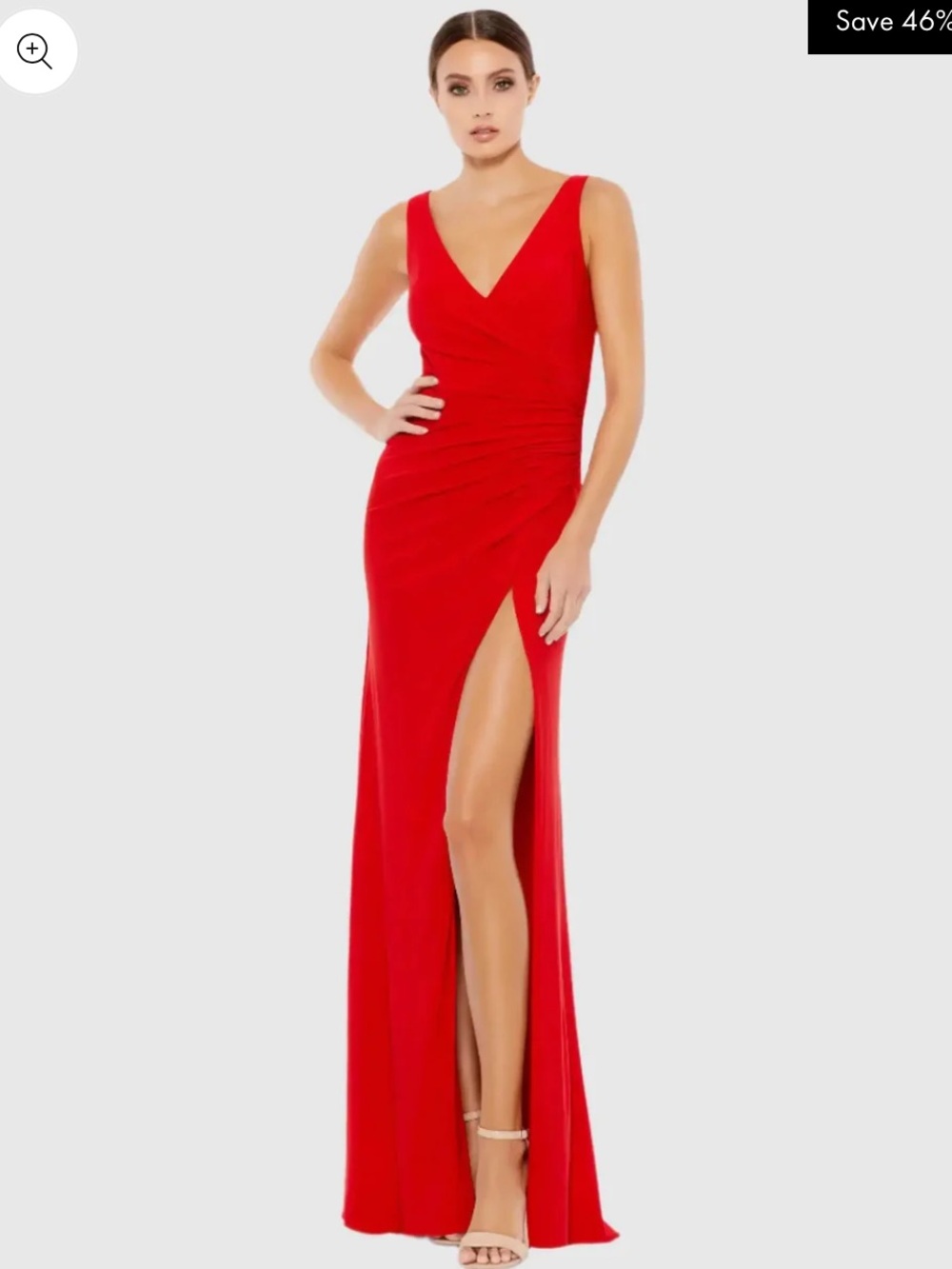 Ieena for Mac Duggal Red Faux Wrap V-Neck Sleeveless Gown